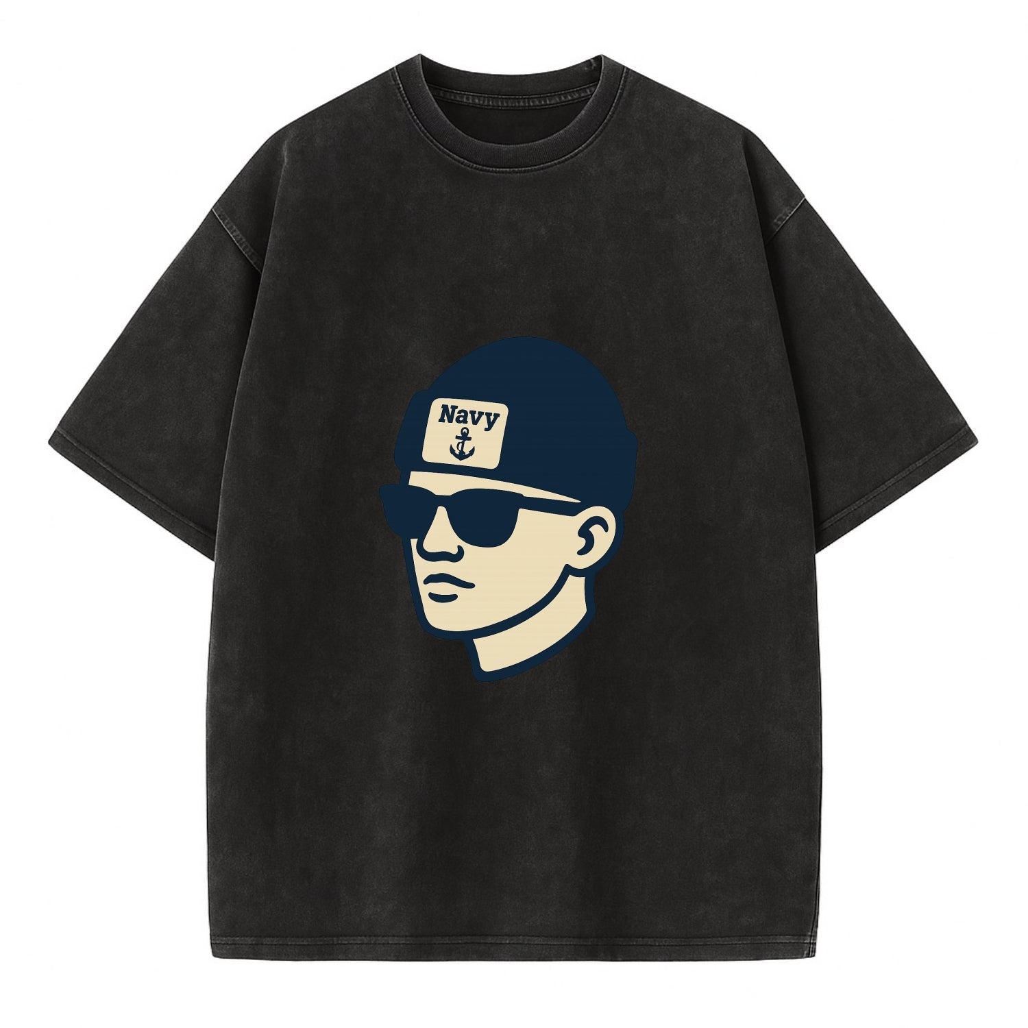 Annapolis Midshipman wearing Navy beanie with anchor patch - Vintage T-shirt - Black