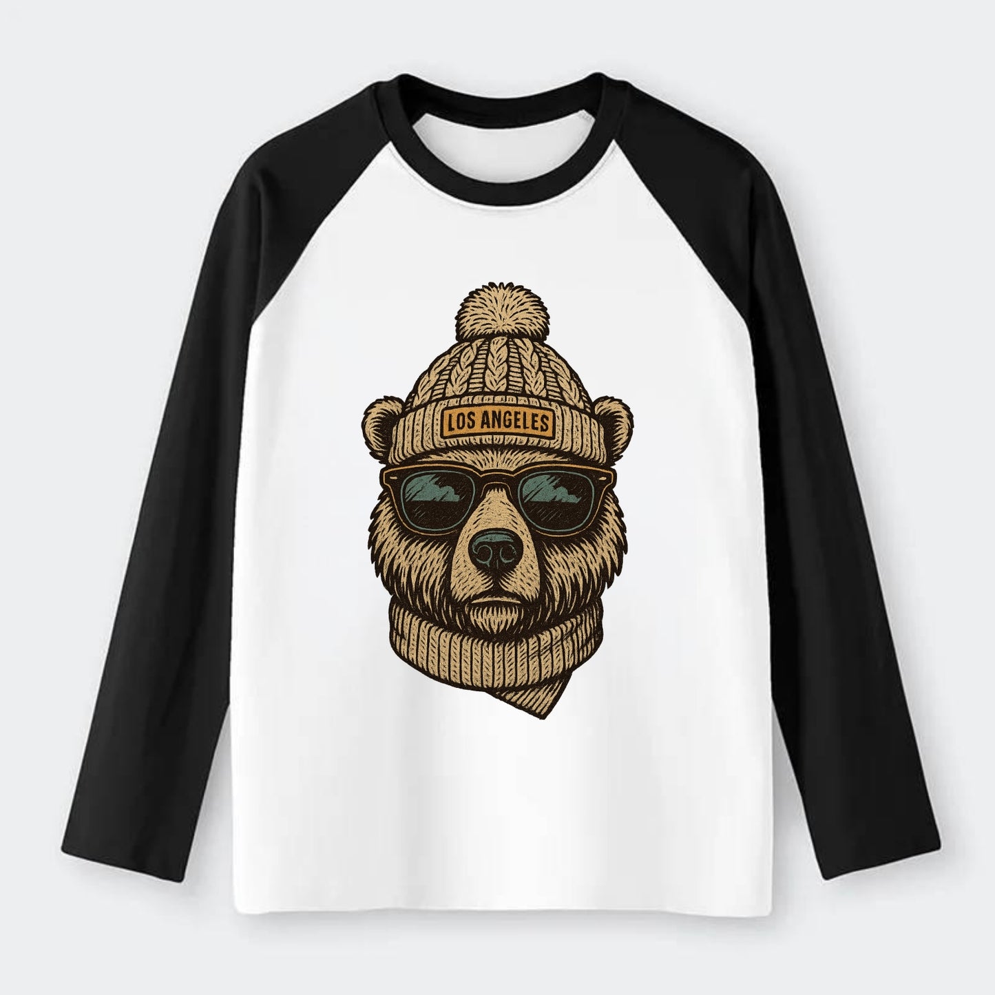 California Grizzly Bear wearing Los Angeles beanie with pom pom and - Raglan Long Sleeve T-Shirt - Black