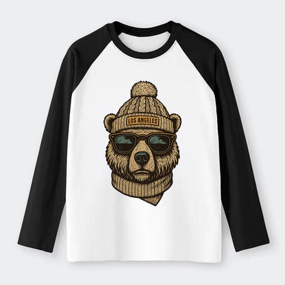 California Grizzly Bear wearing Los Angeles beanie with pom pom and - Raglan Long Sleeve T-Shirt - Black