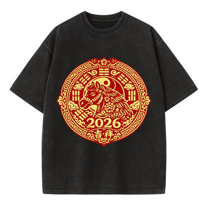 LUCKY HORSE MEDALLION | Circular medallion with horse profile | Intricate Chinese - Vintage T-shirt - Black