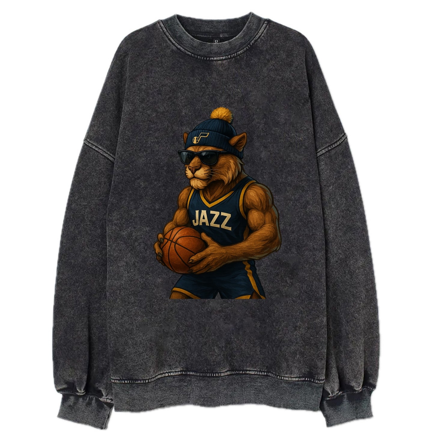Utah Mountain Lion wearing Jazz navy and yellow beanie with music note and - Vintage Sweatshirt - Black