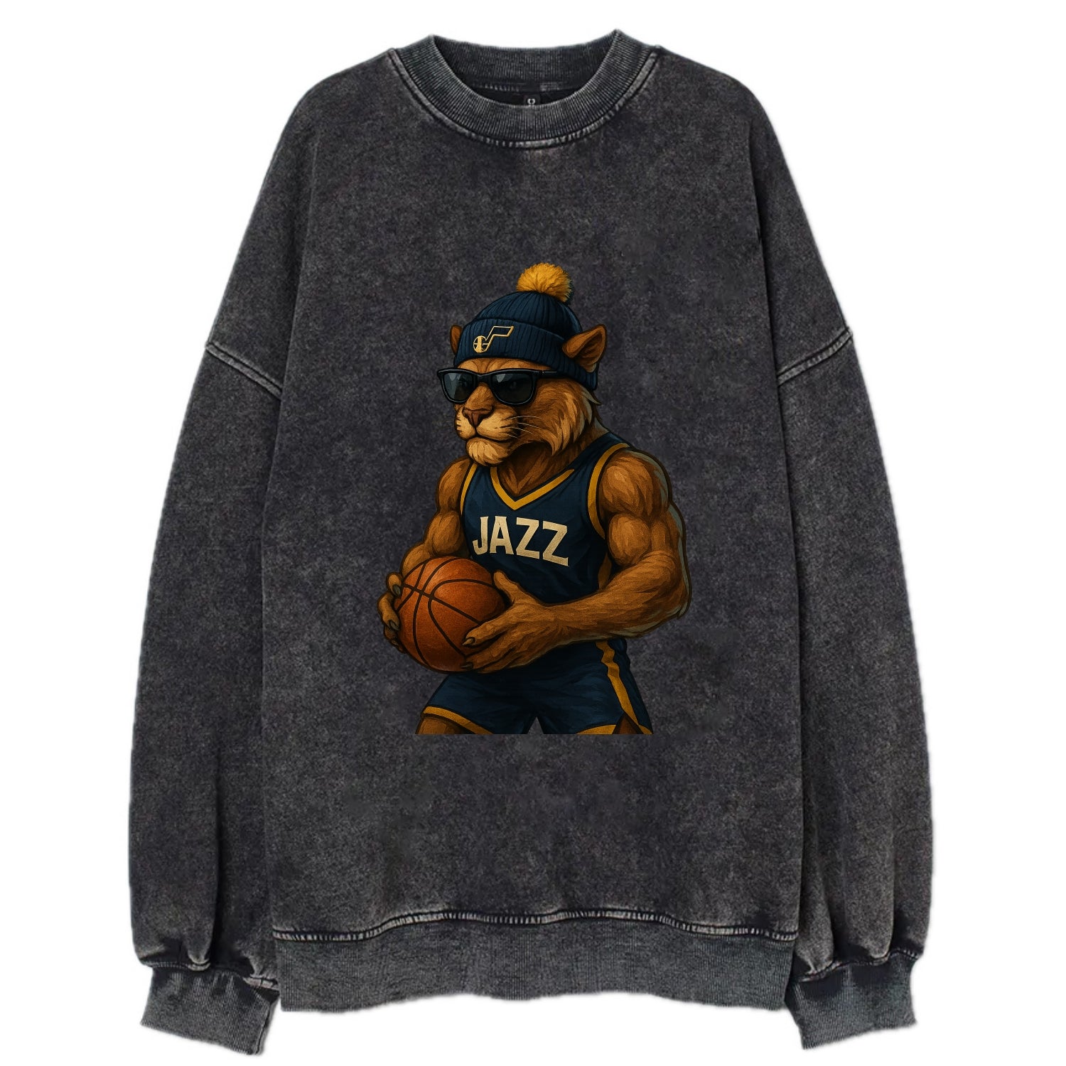 Utah Mountain Lion wearing Jazz navy and yellow beanie with music note and - Vintage Sweatshirt - Black