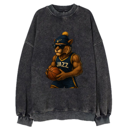 Utah Mountain Lion wearing Jazz navy and yellow beanie with music note and - Vintage Sweatshirt - Black