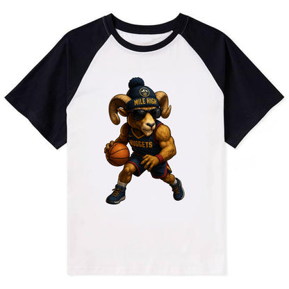 Mile High Bighorn wearing Nuggets beanie with mountain patch and wayfarer - Contrast Raglan T-shirt - Black