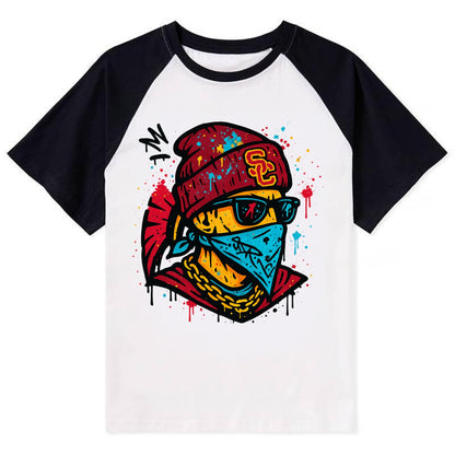 Los Angeles Trojan wearing USC beanie with SC patch - Contrast Raglan T-shirt - Black