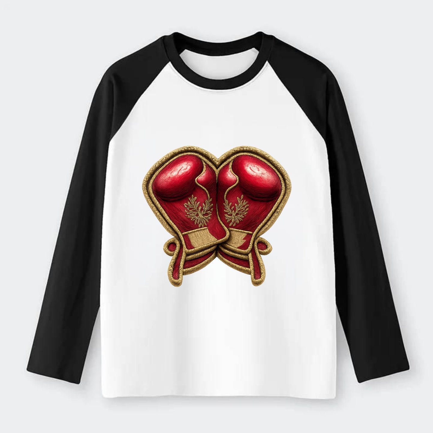 Embroidered patch design - BOXING GLOVES - red boxing gloves crossed - Raglan Long Sleeve T-Shirt - Black