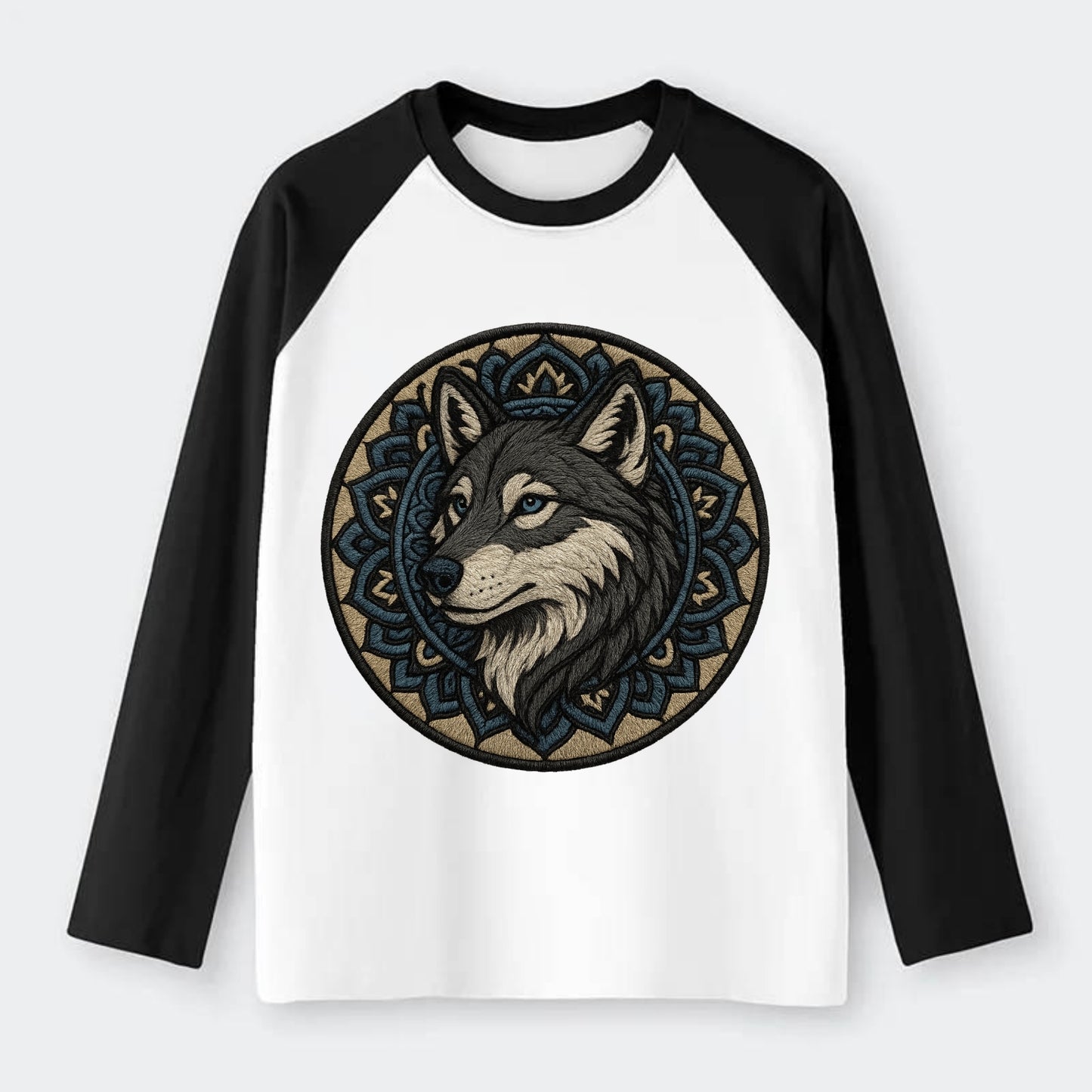 Mandala Wolf Pattern  - Raglan Long Sleeve T-Shirt - Black