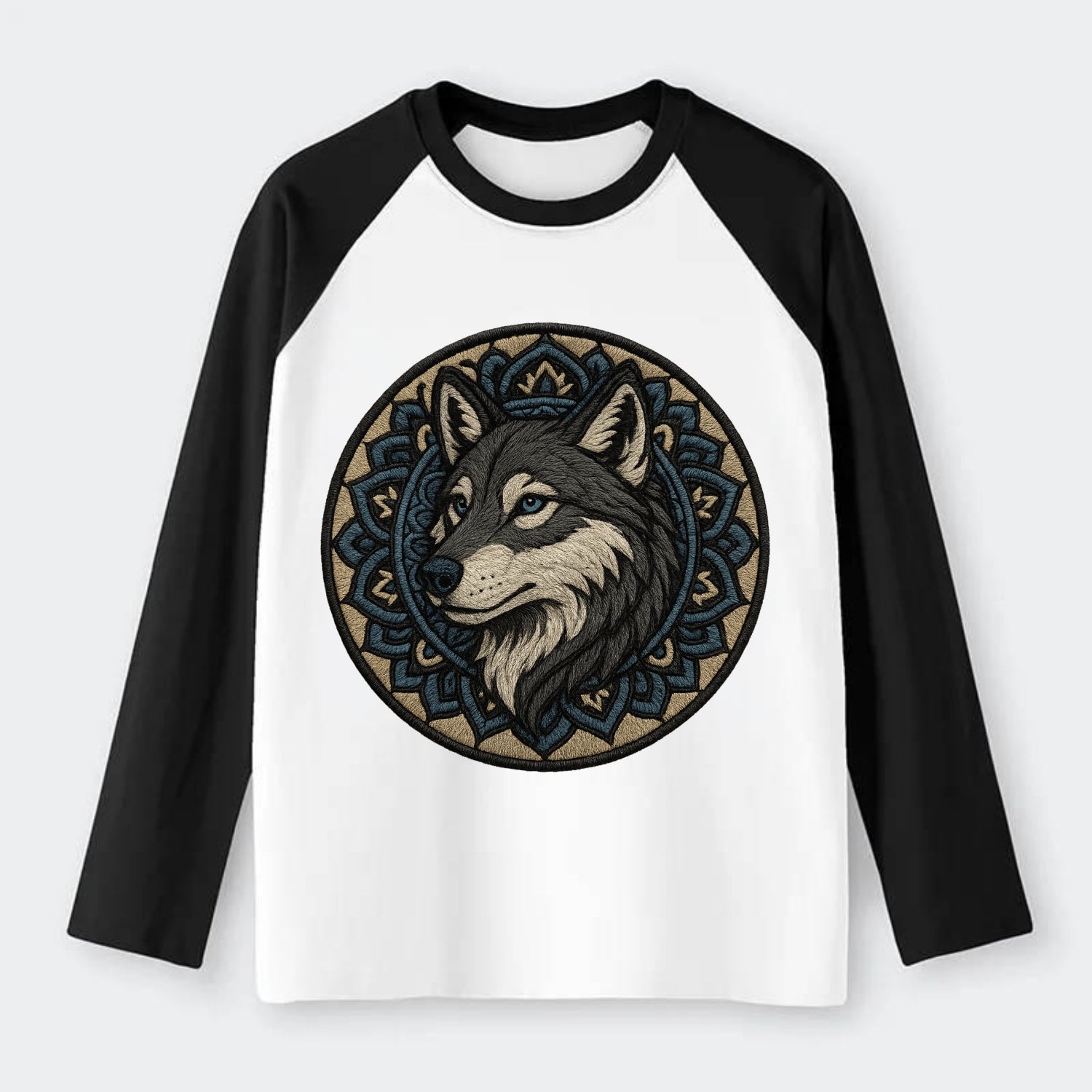 Mandala Wolf Pattern  - Raglan Long Sleeve T-Shirt - Black