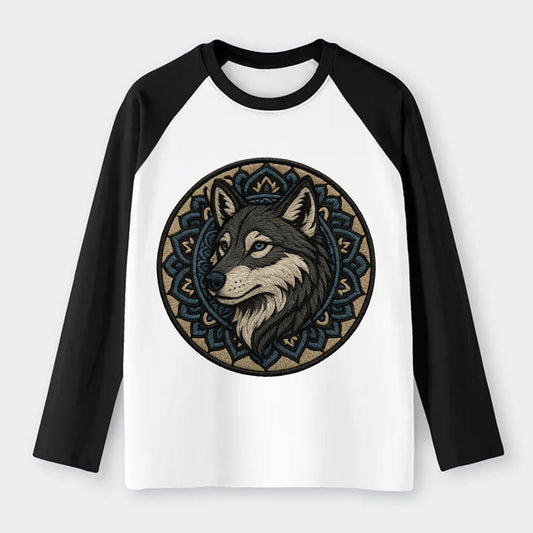 Mandala Wolf Pattern  - Raglan Long Sleeve T-Shirt - Black