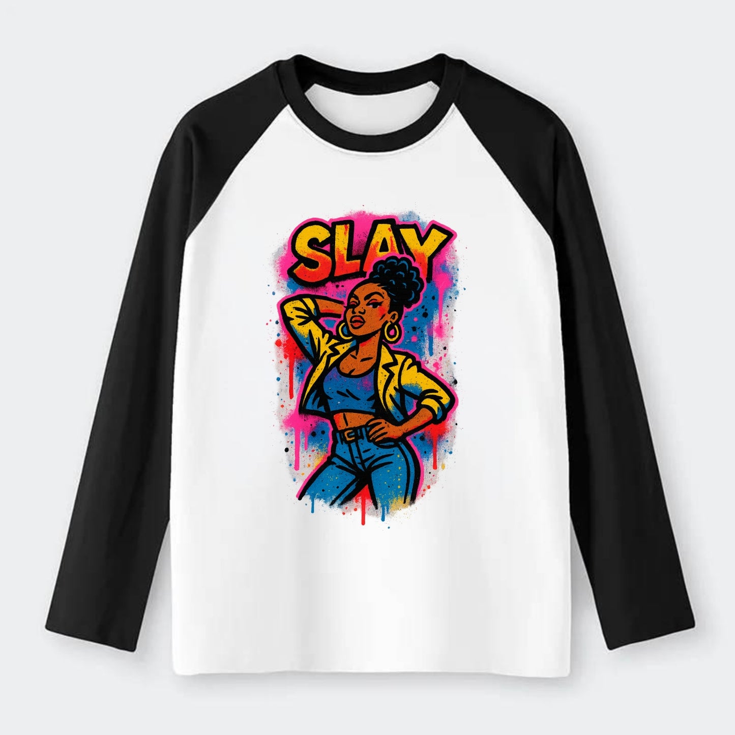 Empowered figure striking confident pose - "slay" culture, fierce and - Raglan Long Sleeve T-Shirt - Black