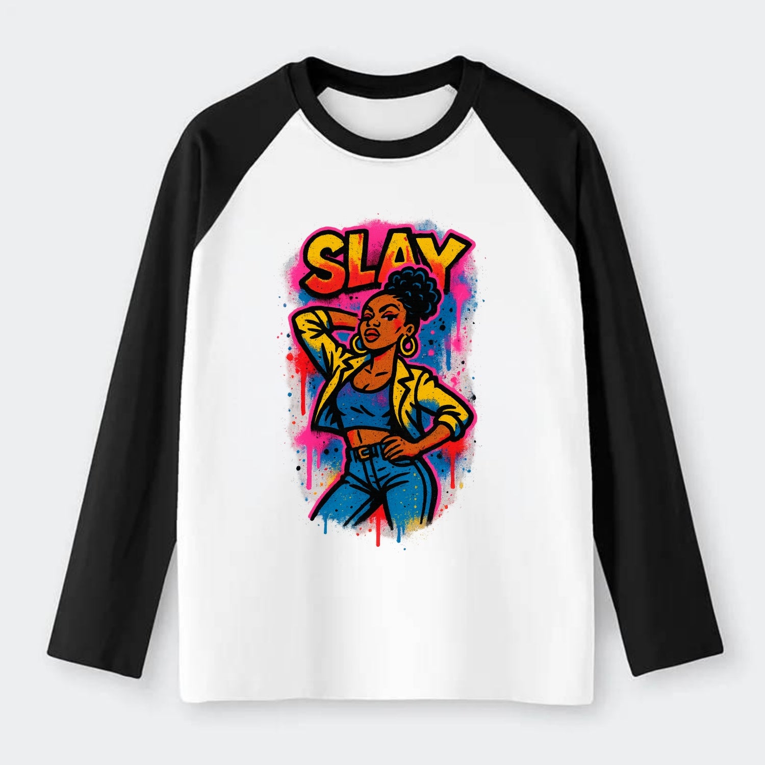 Empowered figure striking confident pose - "slay" culture, fierce and - Raglan Long Sleeve T-Shirt - Black