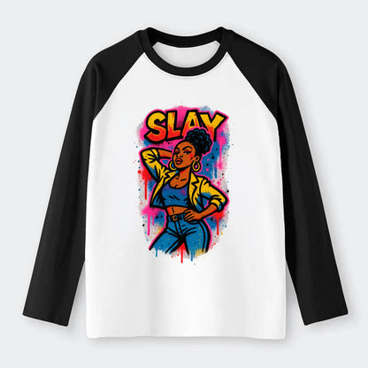 Empowered figure striking confident pose - "slay" culture, fierce and - Raglan Long Sleeve T-Shirt - Black