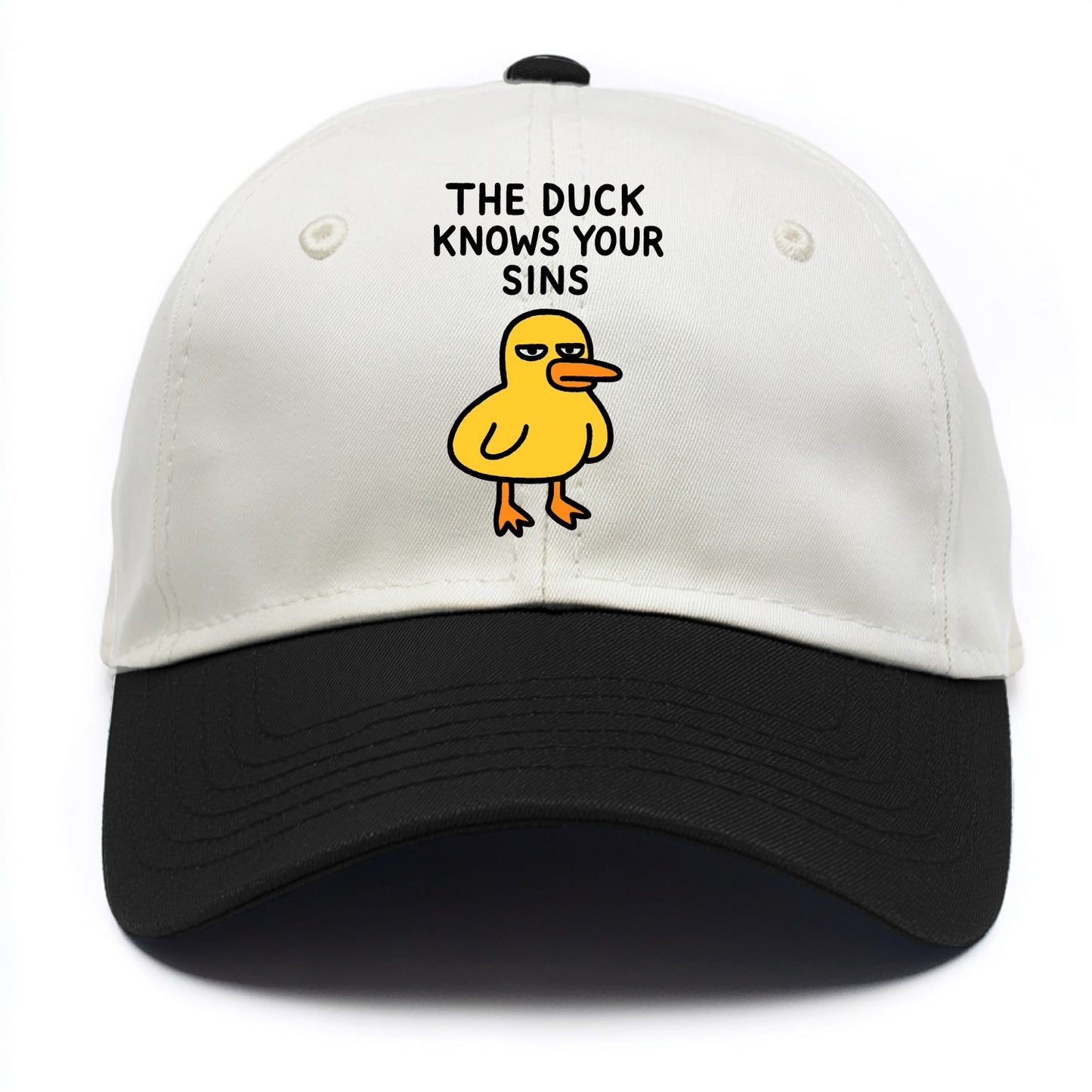 THE DUCK KNOWS YOUR SINS | Yellow duck with judgmental stare - Two Tone Cap - Black