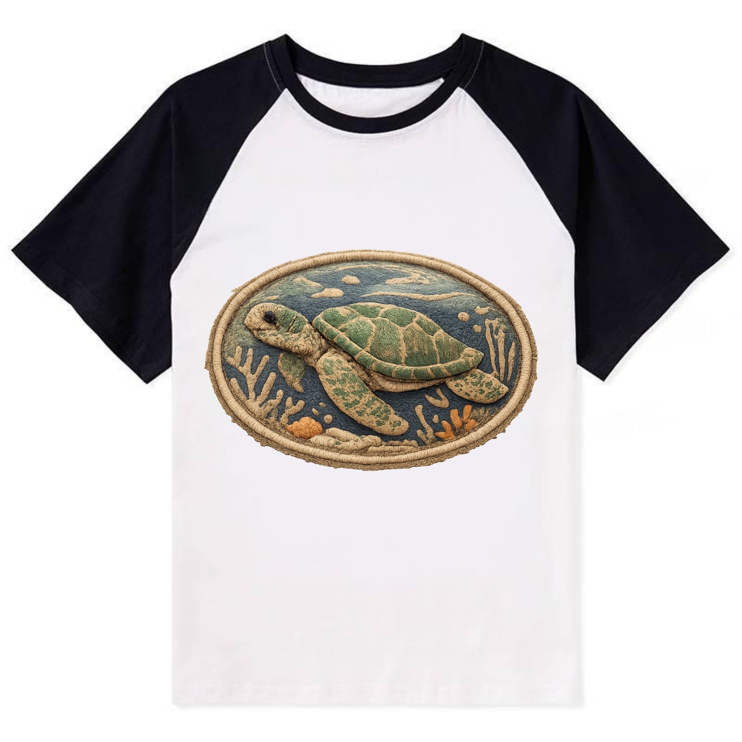 SEA TURTLE - swimming turtle in green and blue , ocean life - Contrast Raglan T-shirt - Black