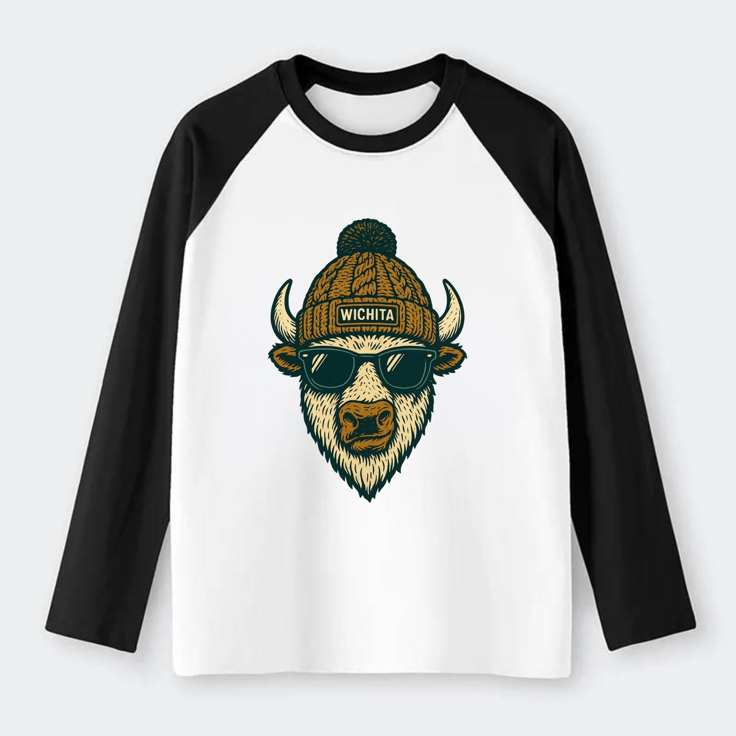 Kansas American Bison wearing Wichita beanie with pom pom and wayfarer - Raglan Long Sleeve T-Shirt - Black