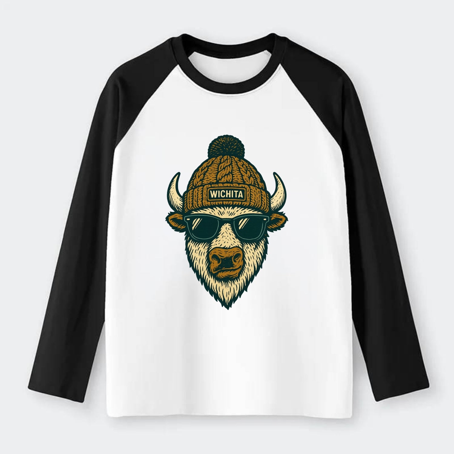 Kansas American Bison wearing Wichita beanie with pom pom and wayfarer - Raglan Long Sleeve T-Shirt - Black