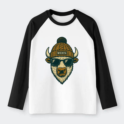 Kansas American Bison wearing Wichita beanie with pom pom and wayfarer - Raglan Long Sleeve T-Shirt - Black