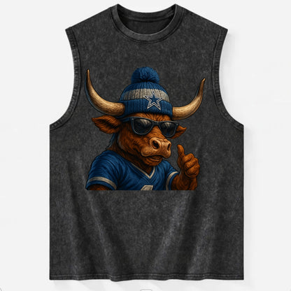 Texas Longhorn wearing Cowboys silver and blue beanie with star and wayfarer - Vintage Washed Tank - Black