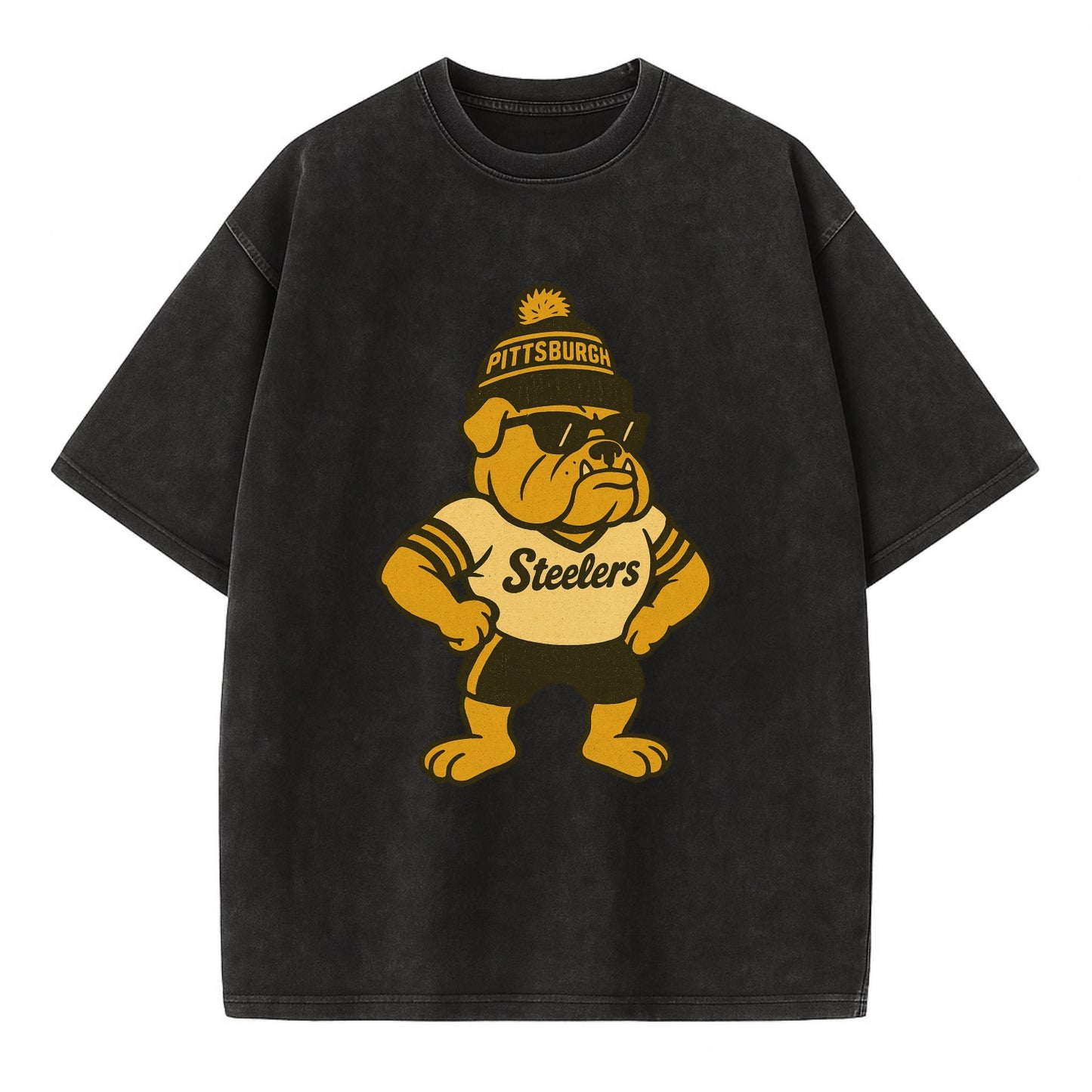 Pittsburgh Bulldog wearing Steelers black and gold beanie with pom pom and - Vintage T-shirt - Black