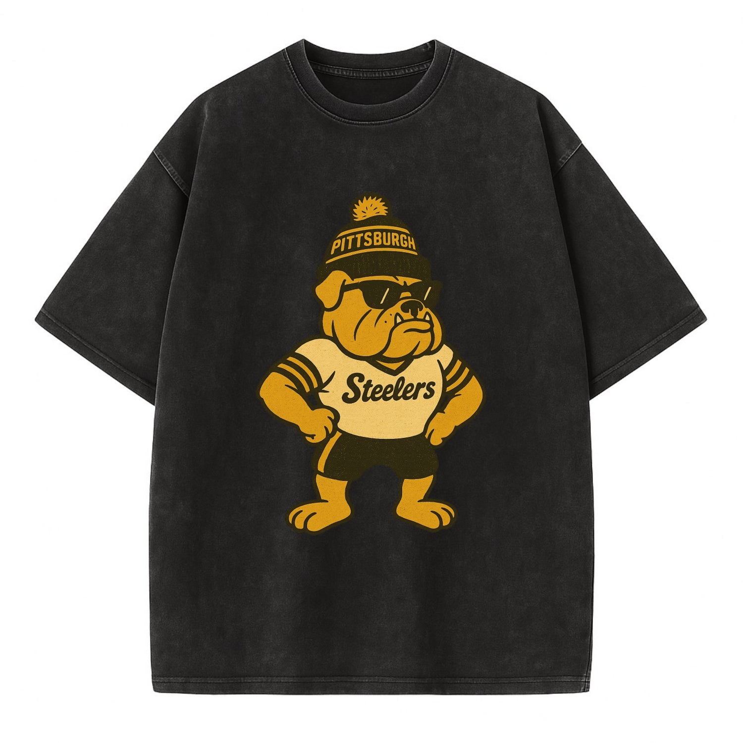 Pittsburgh Bulldog wearing Steelers black and gold beanie with pom pom and - Vintage T-shirt - Black