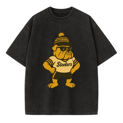 Pittsburgh Bulldog wearing Steelers black and gold beanie with pom pom and - Vintage T-shirt - Black