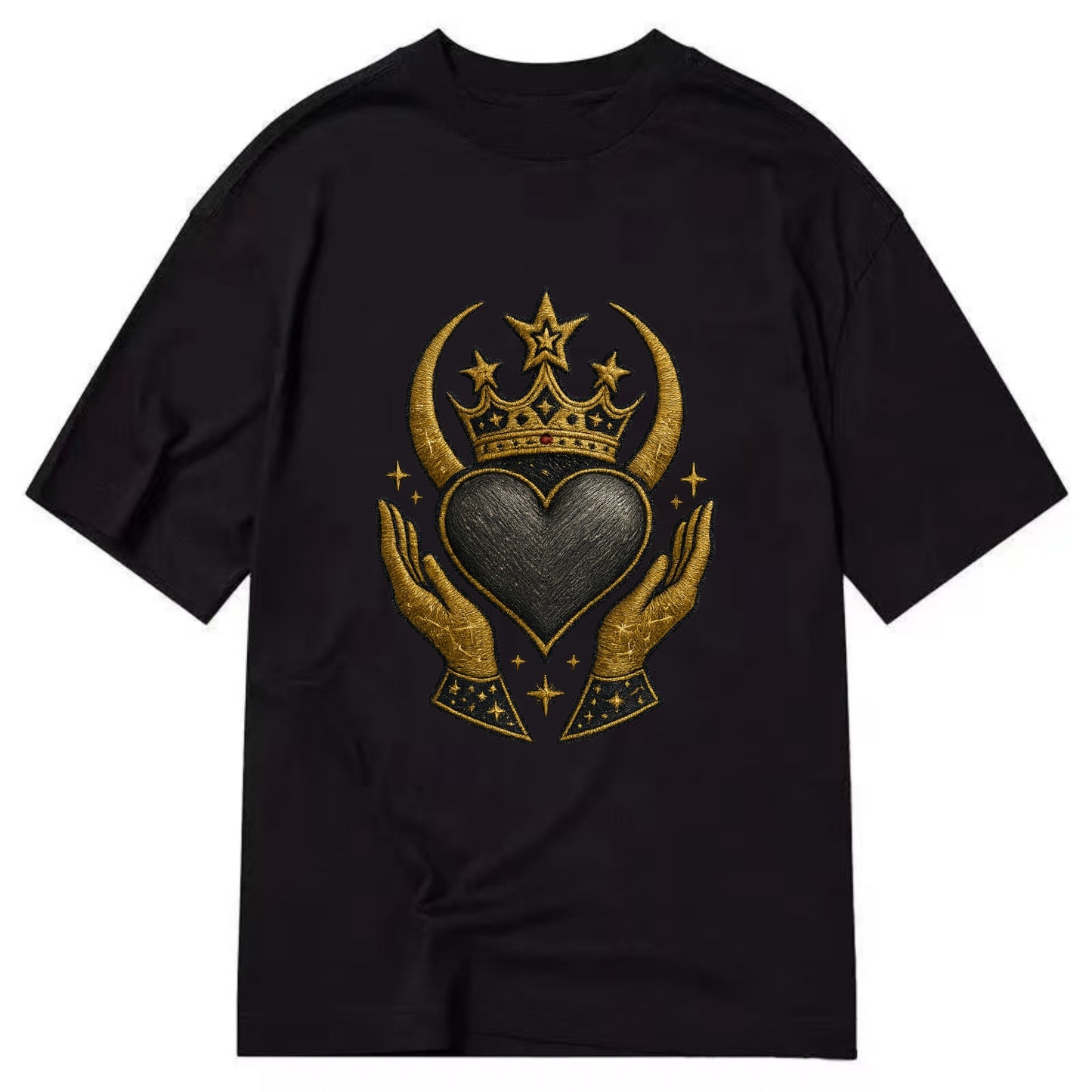 Celtic knot crown with woven strands merging into copper hands shielding a pewter - Classic T-shirt - Black