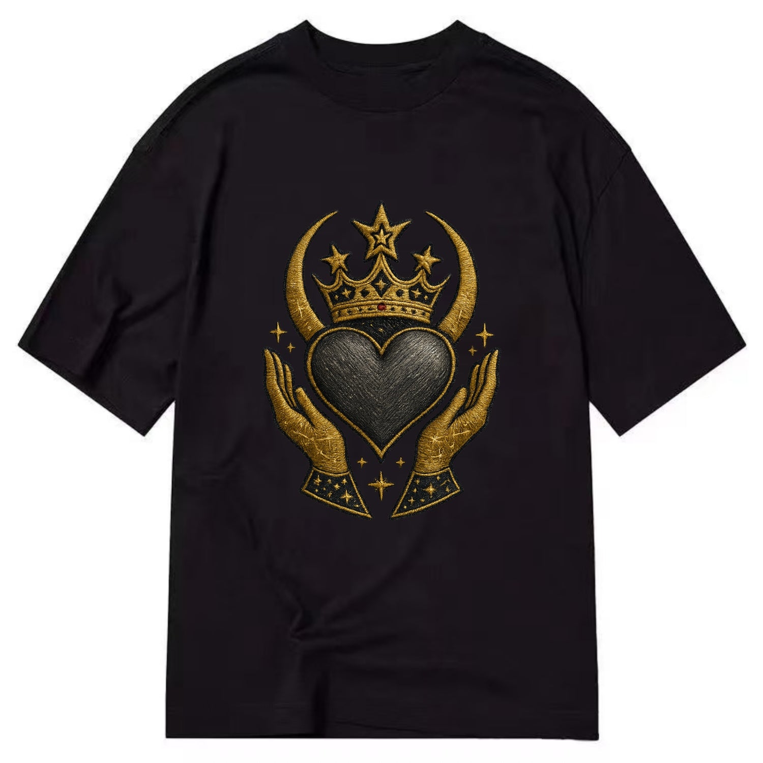 Celtic knot crown with woven strands merging into copper hands shielding a pewter - Classic T-shirt - Black