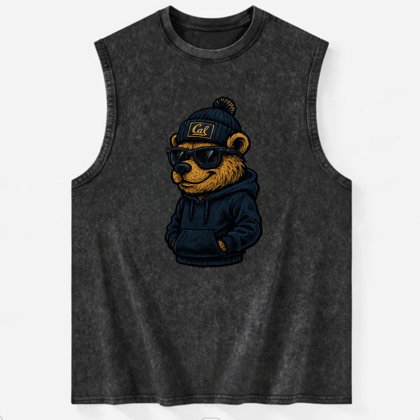 Berkeley Bear wearing Cal beanie with script patch - Vintage Washed Tank - Black