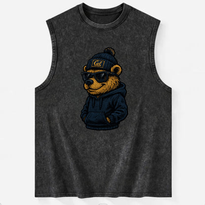Berkeley Bear wearing Cal beanie with script patch - Vintage Washed Tank - Black