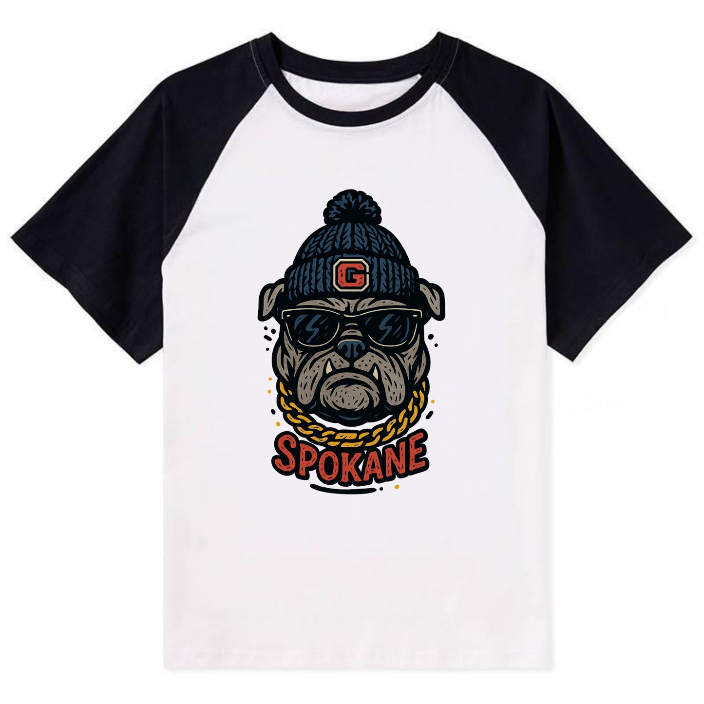 Spokane Bulldog wearing Gonzaga beanie with G patch - Contrast Raglan T-shirt - Black
