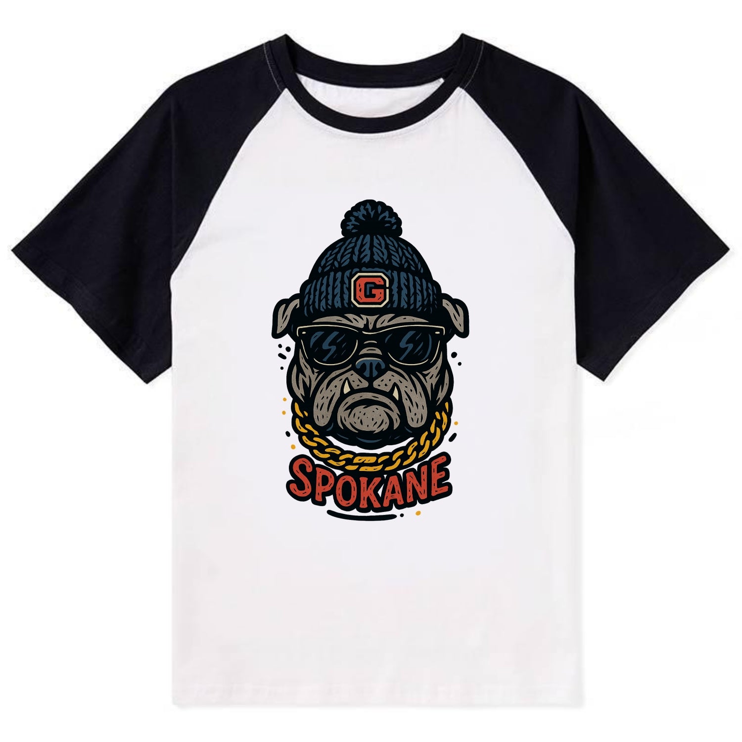 Spokane Bulldog wearing Gonzaga beanie with G patch - Contrast Raglan T-shirt - Black