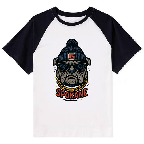 Spokane Bulldog wearing Gonzaga beanie with G patch - Contrast Raglan T-shirt