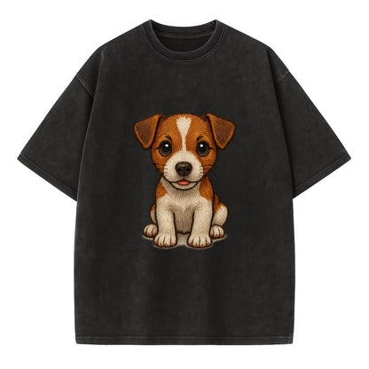 Baby Jack Russell Terrier Puppy - white with markings, alert ears, energetic - Vintage T-shirt - Black
