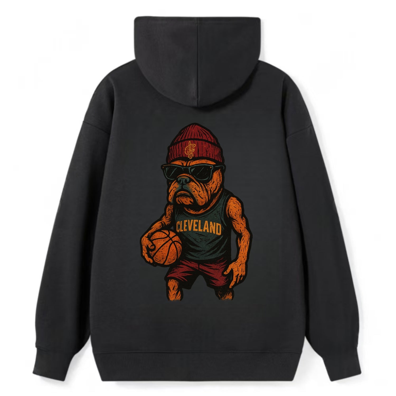 Cleveland Bulldog wearing Cavaliers wine and gold beanie with sword patch - Classic Pullover Hoodie - Black