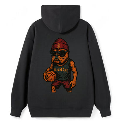Cleveland Bulldog wearing Cavaliers wine and gold beanie with sword patch - Classic Pullover Hoodie - Black