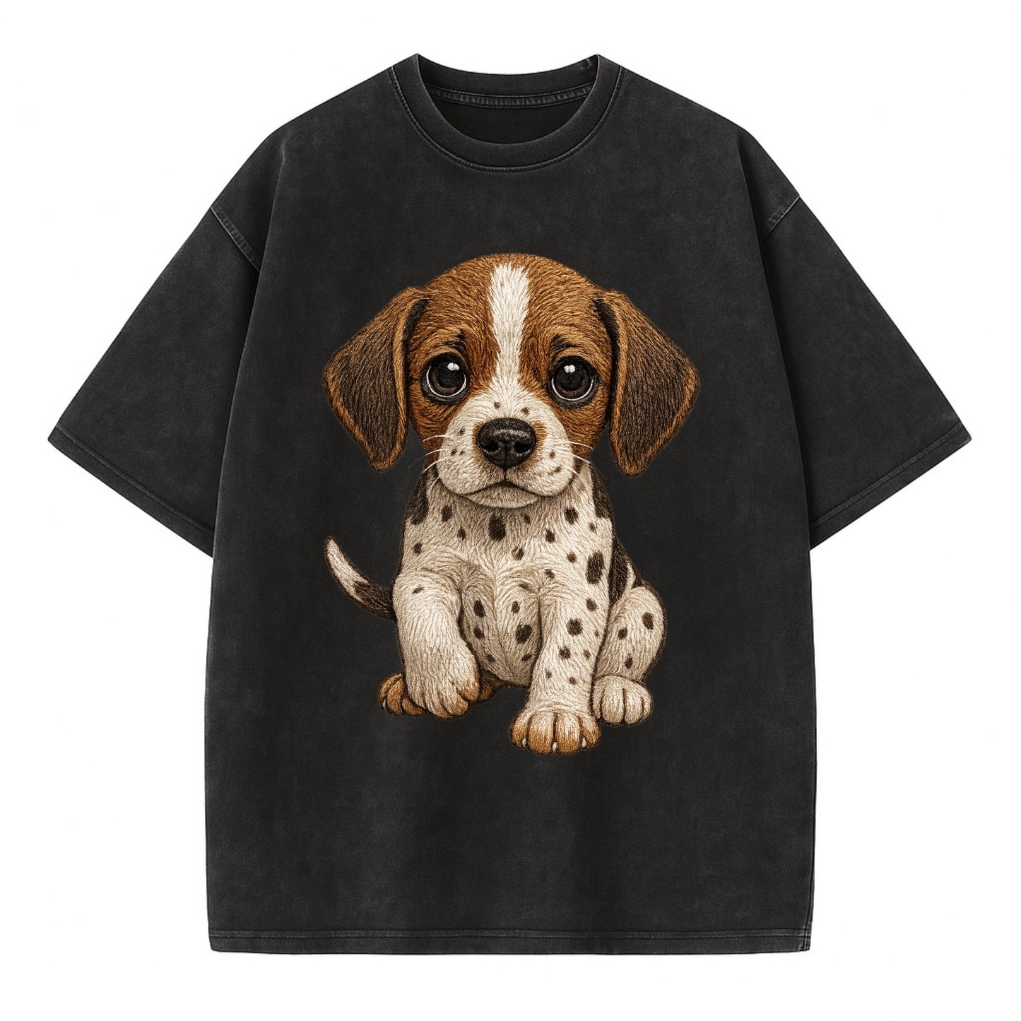 Baby Pointer Puppy - spotted coat, noble stance, alert eyes, front-facing, - Vintage T-shirt - Black