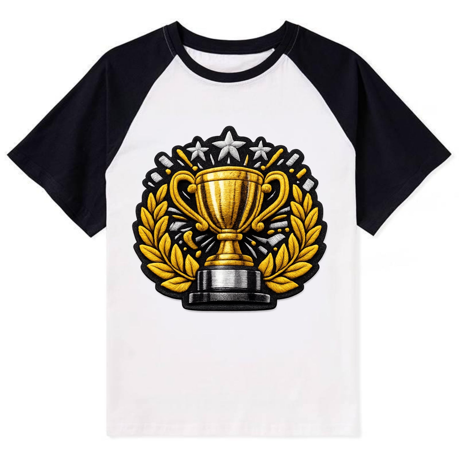 Embroidered patch design - CHAMPIONSHIP TROPHY - golden trophy cup with - Contrast Raglan T-shirt - Black