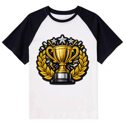 Embroidered patch design - CHAMPIONSHIP TROPHY - golden trophy cup with - Contrast Raglan T-shirt - Black