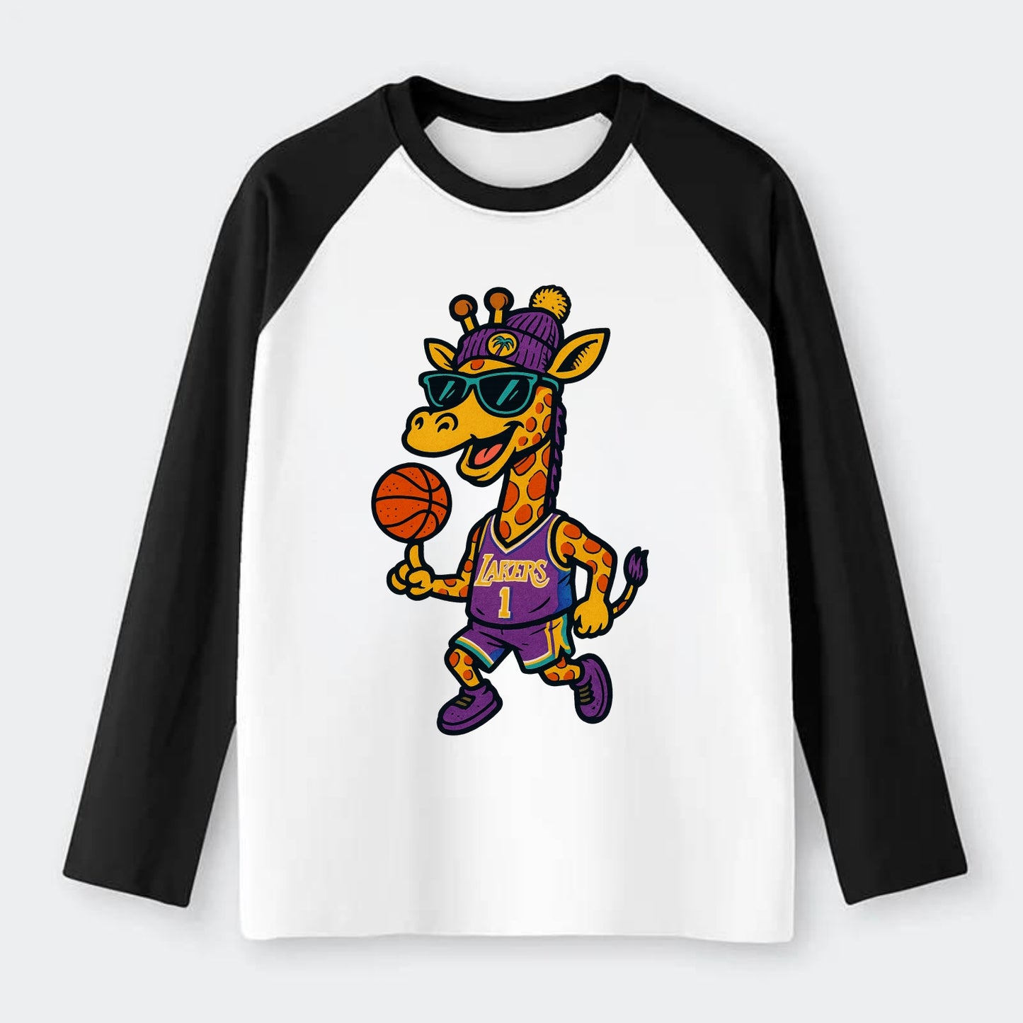 California Giraffe wearing Lakers beanie with palm tree patch and - Raglan Long Sleeve T-Shirt - Black