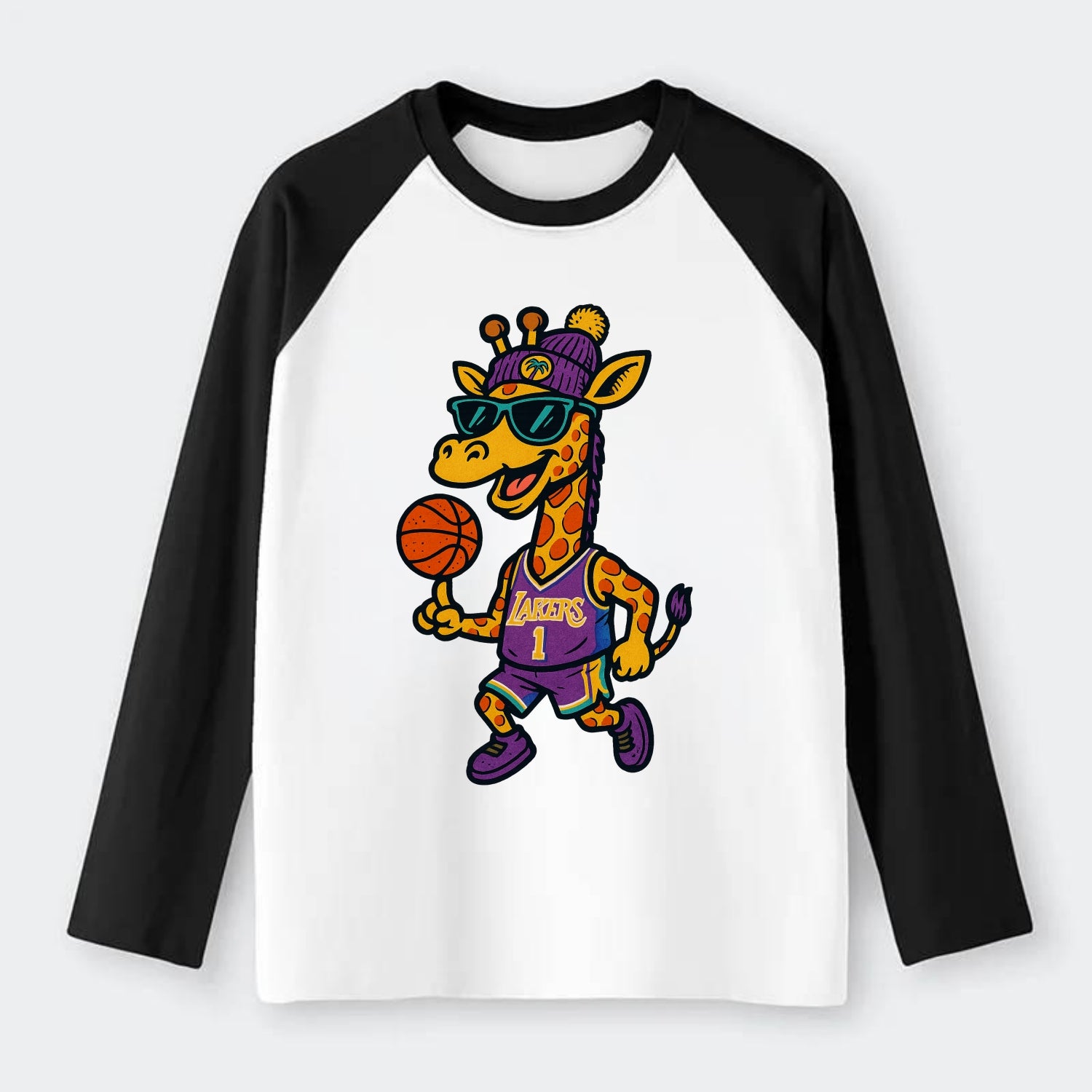 California Giraffe wearing Lakers beanie with palm tree patch and - Raglan Long Sleeve T-Shirt - Black
