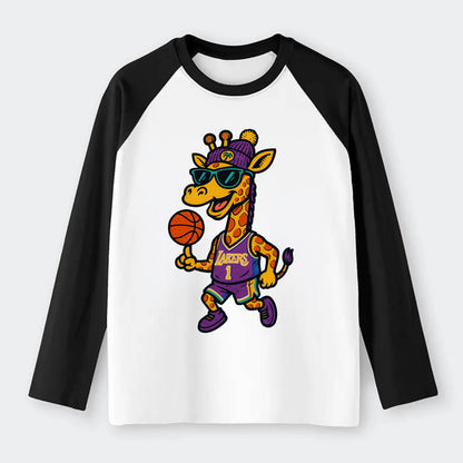 California Giraffe wearing Lakers beanie with palm tree patch and - Raglan Long Sleeve T-Shirt - Black