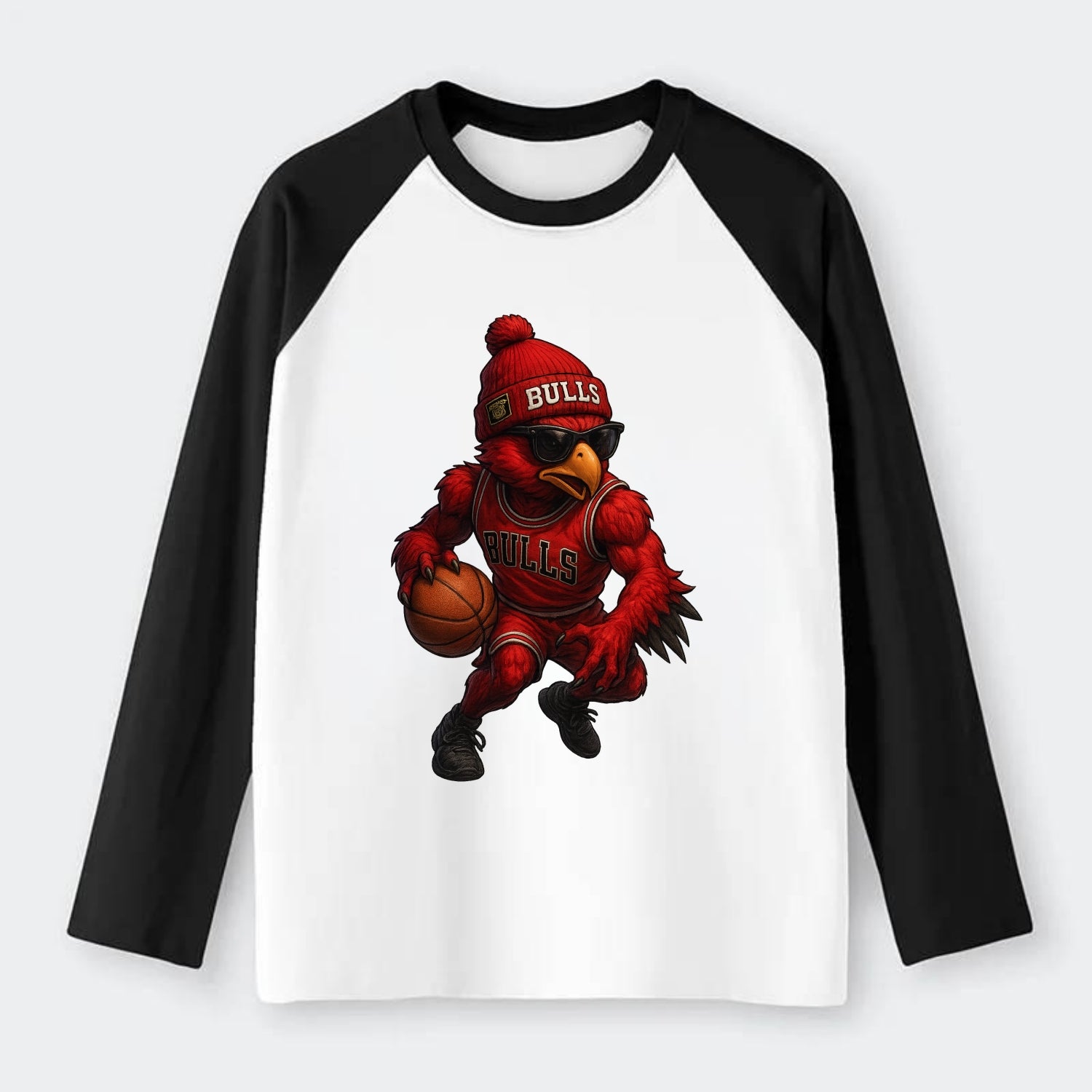 Windy City Hawk wearing Bulls beanie with six rings patch and wayfarer - Raglan Long Sleeve T-Shirt - Black