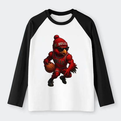 Windy City Hawk wearing Bulls beanie with six rings patch and wayfarer - Raglan Long Sleeve T-Shirt - Black
