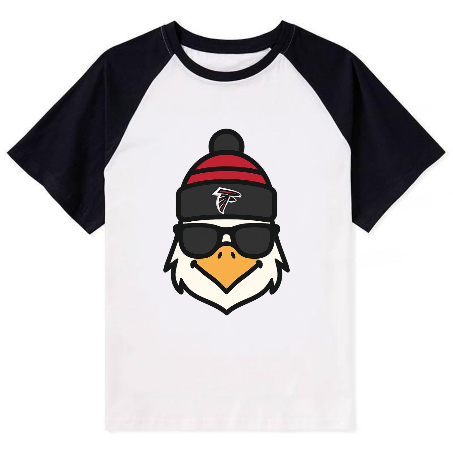 Atlanta Falcon wearing Falcons red and black beanie with pom pom and - Contrast Raglan T-shirt - Black