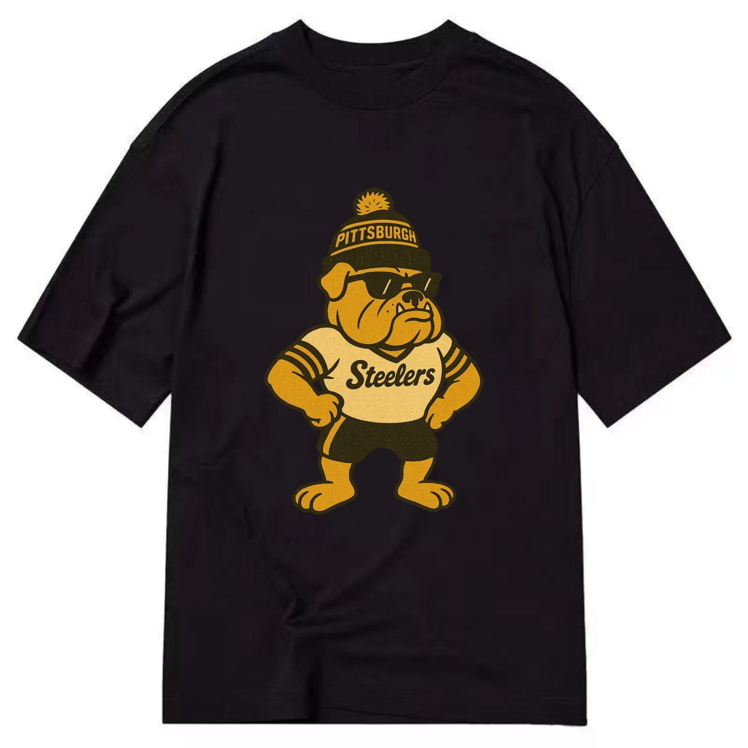Pittsburgh Bulldog wearing Steelers black and gold beanie with pom pom and - Classic T-shirt - Black