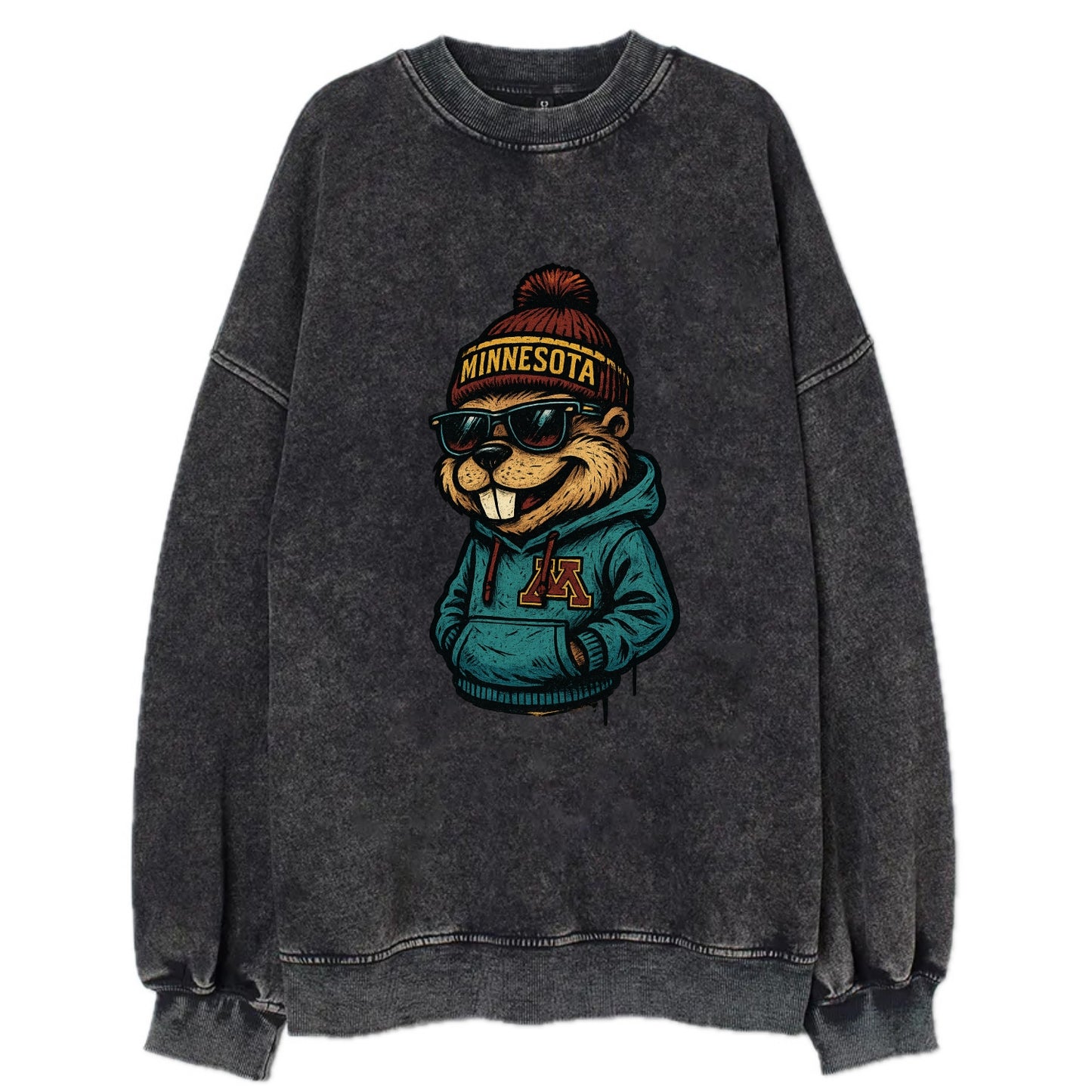 Minneapolis Gopher wearing Minnesota beanie with M patch - Vintage Sweatshirt - Black
