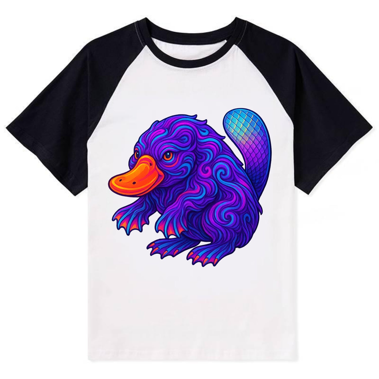 Quirky platypus with bill glowing in neon orange, beaver tail with - Contrast Raglan T-shirt - Black
