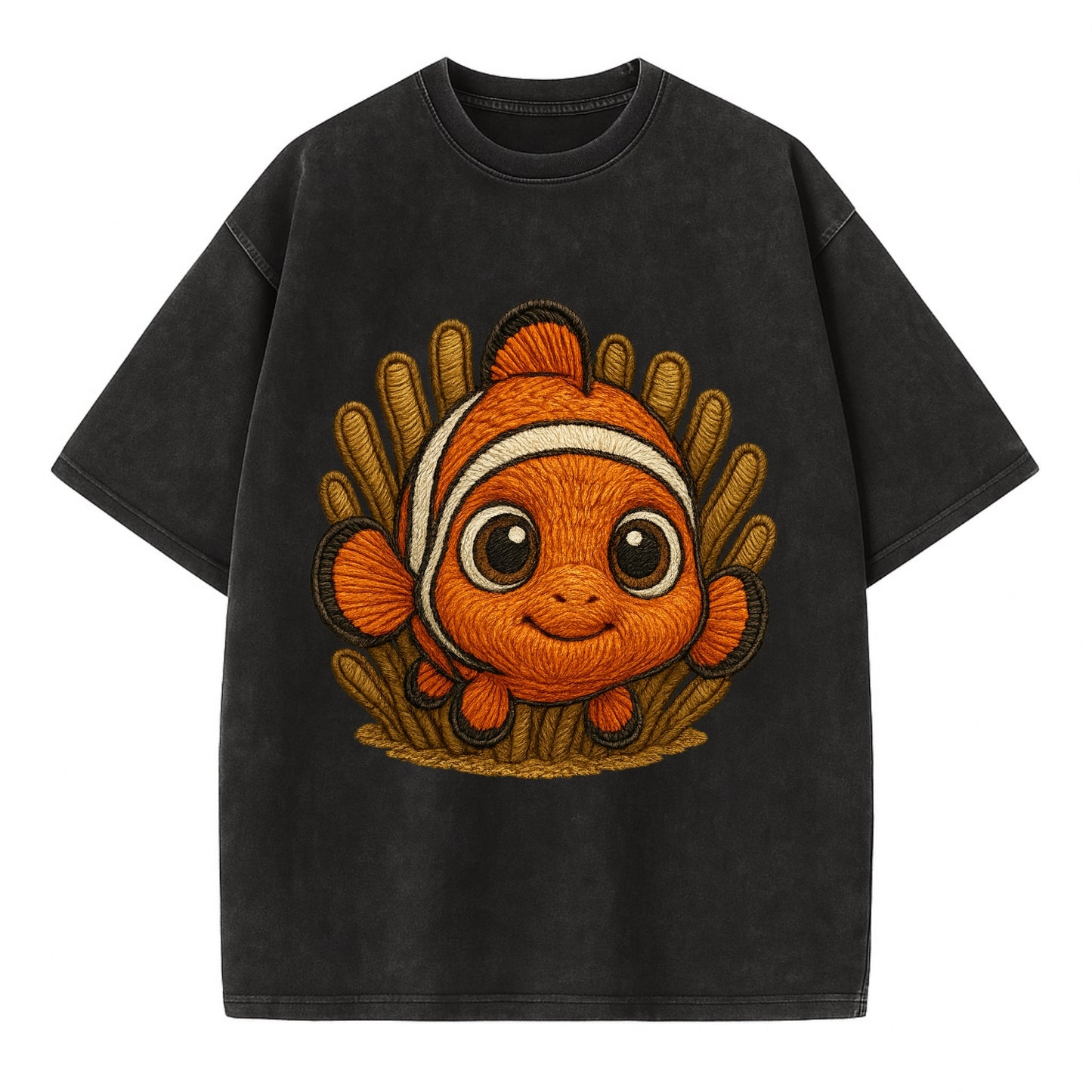 Baby Clownfish - orange with white stripes, big round eyes, front-facing in - Vintage T-shirt - Black