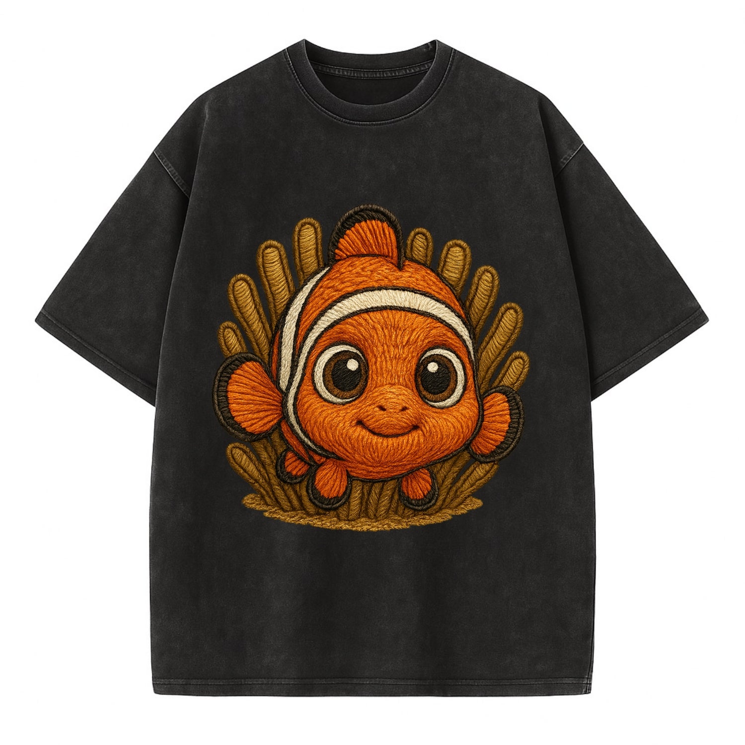 Baby Clownfish - orange with white stripes, big round eyes, front-facing in - Vintage T-shirt - Black