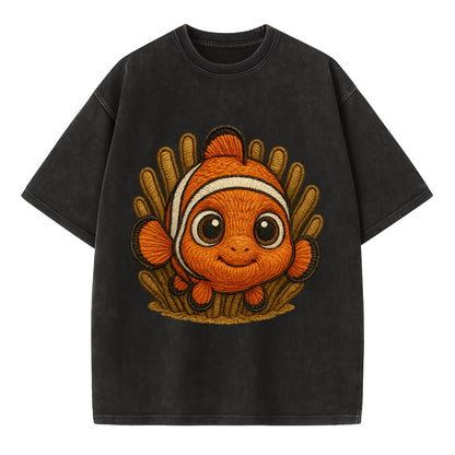 Baby Clownfish - orange with white stripes, big round eyes, front-facing in - Vintage T-shirt - Black